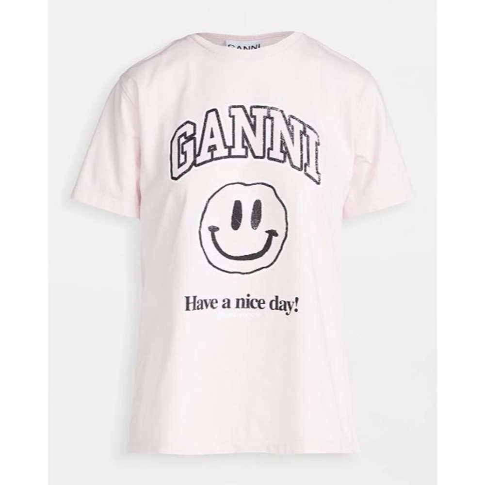 NWOT Ganni Pink Smiley Face Logo T-Shirt